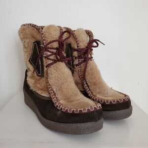 Vintage Snowland Suede Leather Furry Lace Up Winter Boots